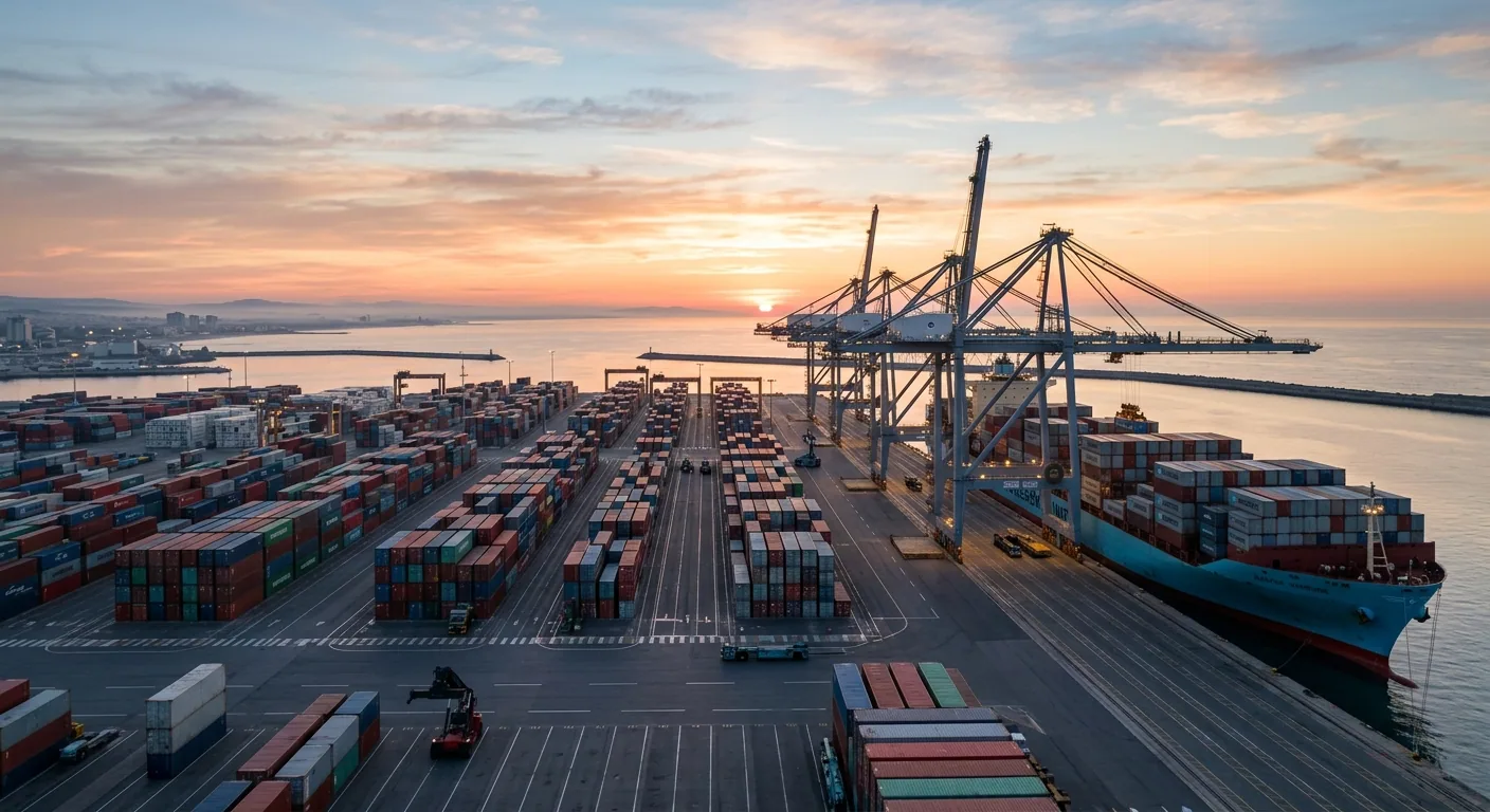Panorama di un terminal container portuale al tramonto